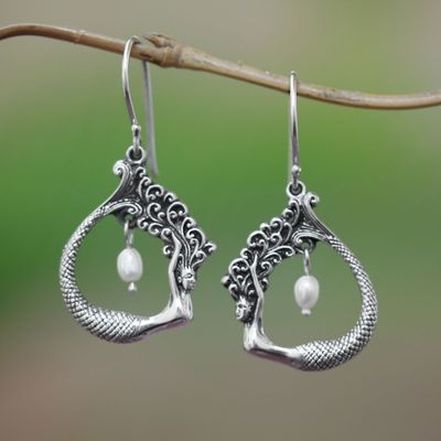 Alternate image for Cultured Pearl Mermaid Dangle Earrings Crafted in Bali Mermaid Pose