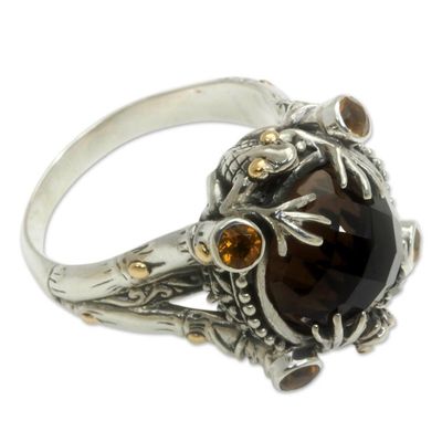 Alternate image for Smoky Quartz Sterling Silver Ring with Gold Accents Tropical Frogs