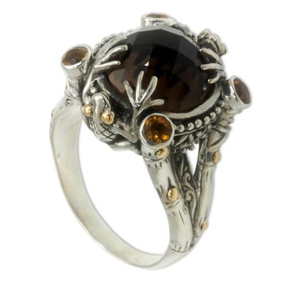 Alternate image for Smoky Quartz Sterling Silver Ring with Gold Accents Tropical Frogs