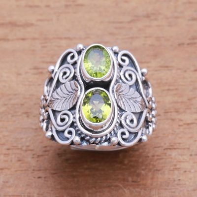Alternate image for Leaf Motif Peridot Cocktail Ring Crafted in Bali Verdant Eyes