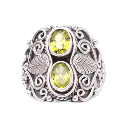 Alternate image for Leaf Motif Peridot Cocktail Ring Crafted in Bali Verdant Eyes