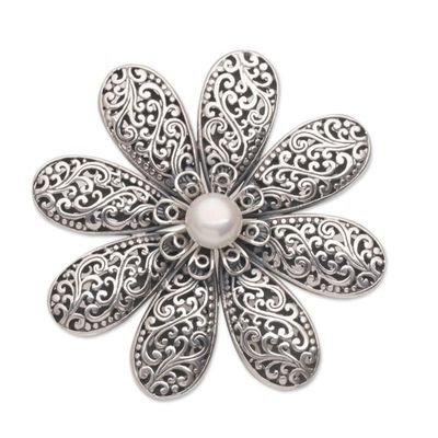 Alternate image for Handmade 925 Sterling Silver Cultured Pearl Floral Brooch Starlight Flower