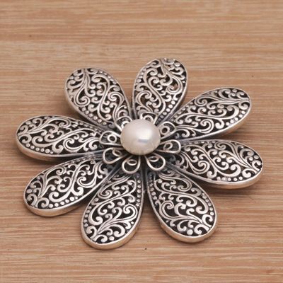 Alternate image for Handmade 925 Sterling Silver Cultured Pearl Floral Brooch Starlight Flower