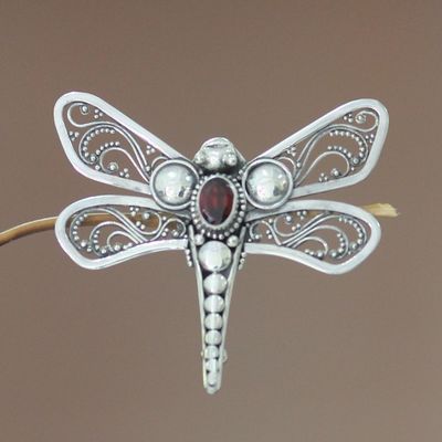 Alternate image for Indonesian Garnet and Silver Brooch Pin Scarlet Dragonfly