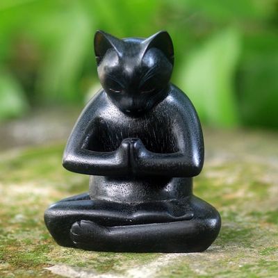 Alternate image for Black Cat Praying in a Yoga Pose Signed Wood Sculpture Black Cat Prayer