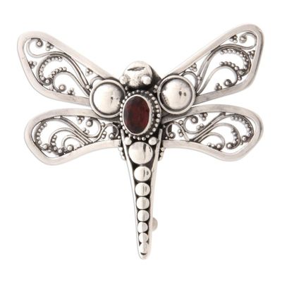 Alternate image for Indonesian Garnet and Silver Brooch Pin Scarlet Dragonfly