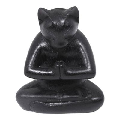 Alternate image for Black Cat Praying in a Yoga Pose Signed Wood Sculpture Black Cat Prayer