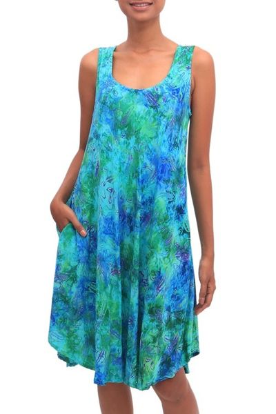 Alternate image for Blue and Green Tie-Dyed Batik Leaves Sleeveless Rayon Dress Leafy Path