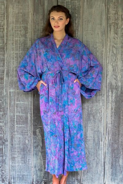Alternate image for Handcrafted Purple Batik Rayon Robe from Indonesia Purple Mist