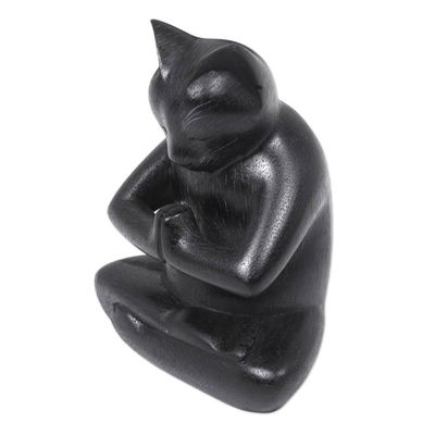 Alternate image for Black Cat Praying in a Yoga Pose Signed Wood Sculpture Black Cat Prayer
