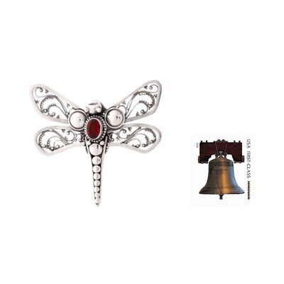 Alternate image for Indonesian Garnet and Silver Brooch Pin Scarlet Dragonfly