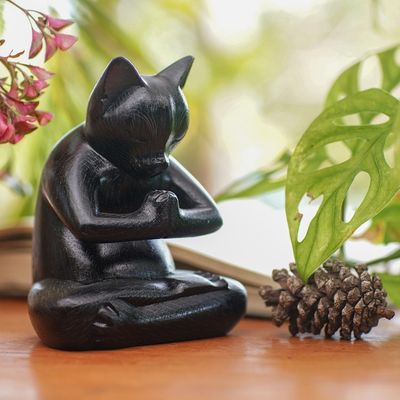 Alternate image for Black Cat Praying in a Yoga Pose Signed Wood Sculpture Black Cat Prayer