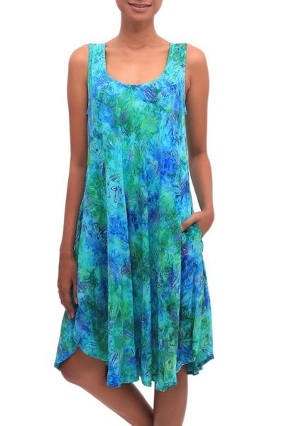 Alternate image for Blue and Green Tie-Dyed Batik Leaves Sleeveless Rayon Dress Leafy Path