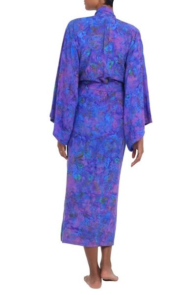 Alternate image for Handcrafted Purple Batik Rayon Robe from Indonesia Purple Mist