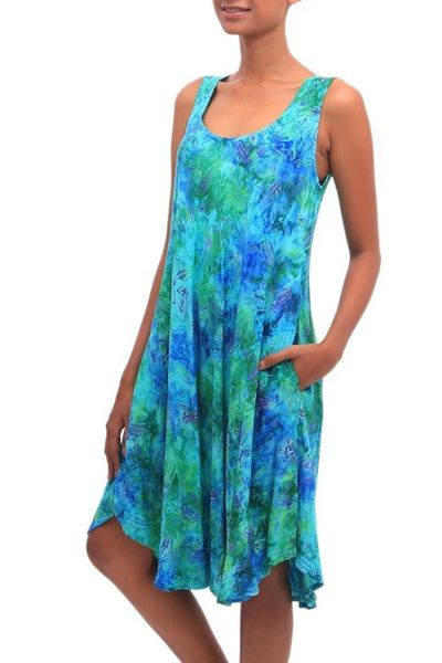 Alternate image for Blue and Green Tie-Dyed Batik Leaves Sleeveless Rayon Dress Leafy Path