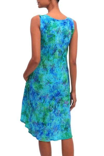 Alternate image for Blue and Green Tie-Dyed Batik Leaves Sleeveless Rayon Dress Leafy Path