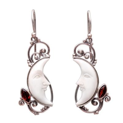 Alternate image for Garnet and Bone Crescent Moon Dangle Earrings from Bali Glittering Crescents