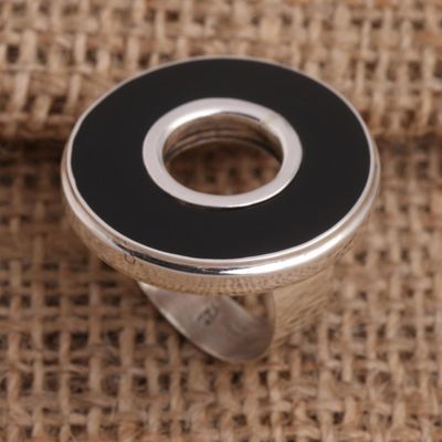 Alternate image for Black Resin and Sterling Silver Cocktail Ring In the Round - Black