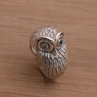 Alternate image for Bali Handmade Sterling Silver Owl Ring with Blue Topaz Eyes Gazing Owl