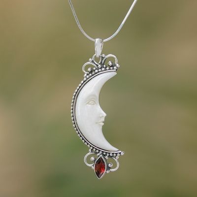 Alternate image for Garnet and Bone Crescent Moon Pendant Necklace from Bali Natural Moonlight