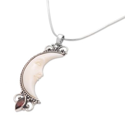 Alternate image for Garnet and Bone Crescent Moon Pendant Necklace from Bali Natural Moonlight