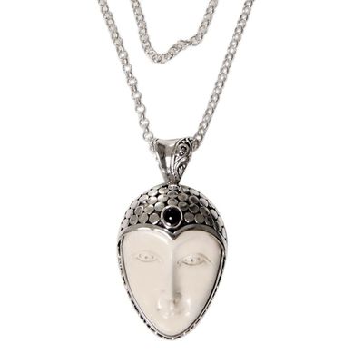 Alternate image for Balinese Pendant Necklace of Carved Bone, Garnet and Silver Lady Warrior