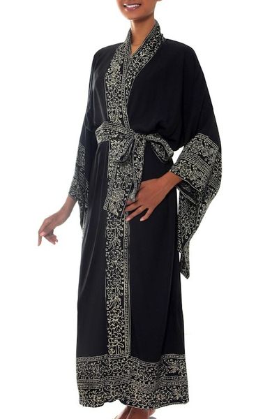 Alternate image for Indonesian Floral Patterned Black and Ivory Robe Batik Midnight