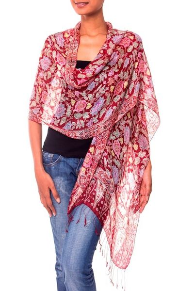 Alternate image for Artisan Crafted Batik Silk Shawl Wrap Wine Garden