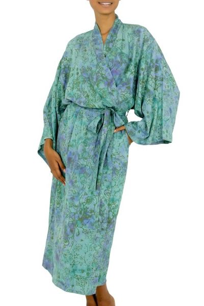 Alternate image for Artisan Crafted Womens Rayon Batik Robe Misty Javanese Forest