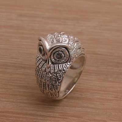 Alternate image for Bali Handmade Sterling Silver Owl Ring with Blue Topaz Eyes Gazing Owl