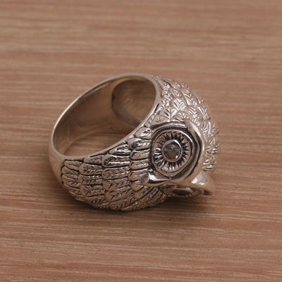Alternate image for Bali Handmade Sterling Silver Owl Ring with Blue Topaz Eyes Gazing Owl
