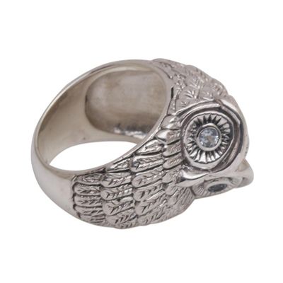 Alternate image for Bali Handmade Sterling Silver Owl Ring with Blue Topaz Eyes Gazing Owl