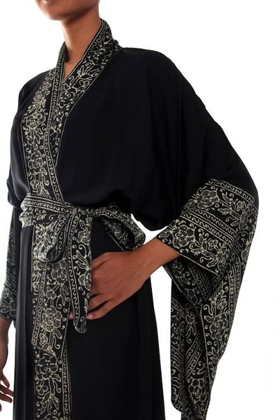 Alternate image for Indonesian Floral Patterned Black and Ivory Robe Batik Midnight
