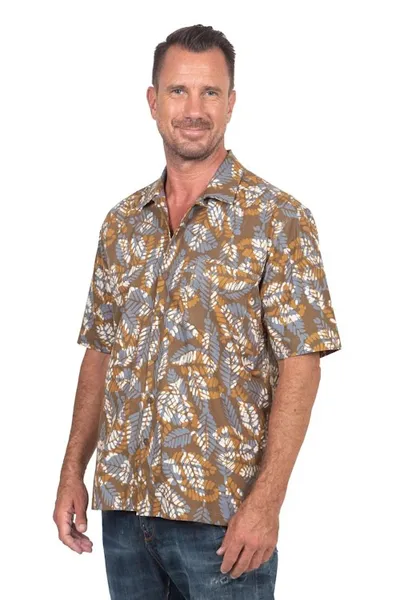 Alternate image for Mens Short-Sleeved Brown Cotton Batik Shirt from Bali Brown Leaf Shadows