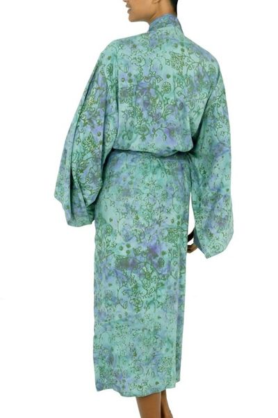 Alternate image for Artisan Crafted Womens Rayon Batik Robe Misty Javanese Forest