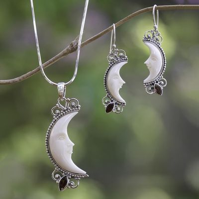 Alternate image for Garnet and Bone Crescent Moon Pendant Necklace from Bali Natural Moonlight