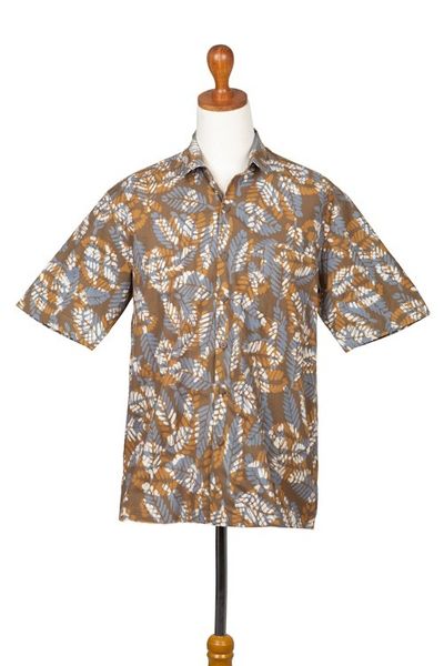 Alternate image for Mens Short-Sleeved Brown Cotton Batik Shirt from Bali Brown Leaf Shadows