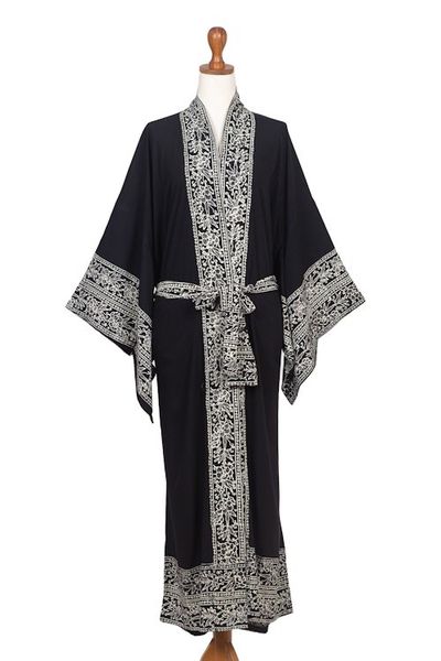 Alternate image for Indonesian Floral Patterned Black and Ivory Robe Batik Midnight