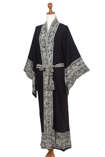 Alternate image for Indonesian Floral Patterned Black and Ivory Robe Batik Midnight