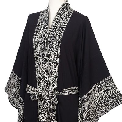 Alternate image for Indonesian Floral Patterned Black and Ivory Robe Batik Midnight