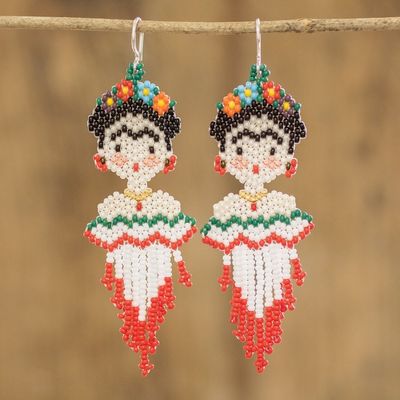 Alternate image for Handmade Frida Kahlo Glass Bead Earrings from Guatemala Kahlo