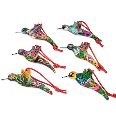Alternate image for 6 Ceramic Ornaments Hummingbird Handcrafted in Guatemala Guatemalan Hummingbirds