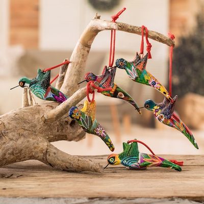 Alternate image for 6 Ceramic Ornaments Hummingbird Handcrafted in Guatemala Guatemalan Hummingbirds