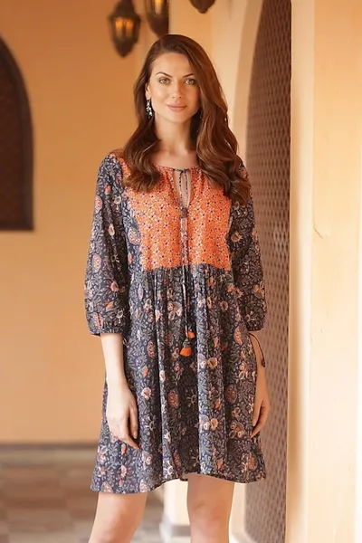 Alternate image for Screen Printed Floral Cotton Babydoll Short Dress from India Floral Surprise