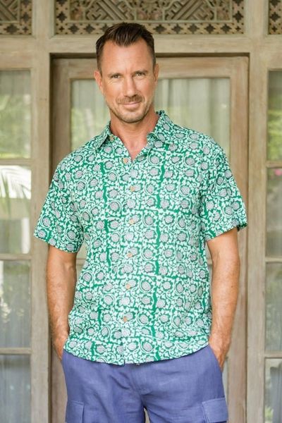 Alternate image for Mens Button-Up Cotton Shirt from India Aqua Lotus