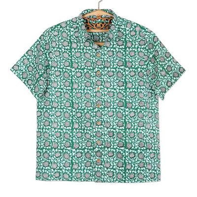 Alternate image for Mens Button-Up Cotton Shirt from India Aqua Lotus