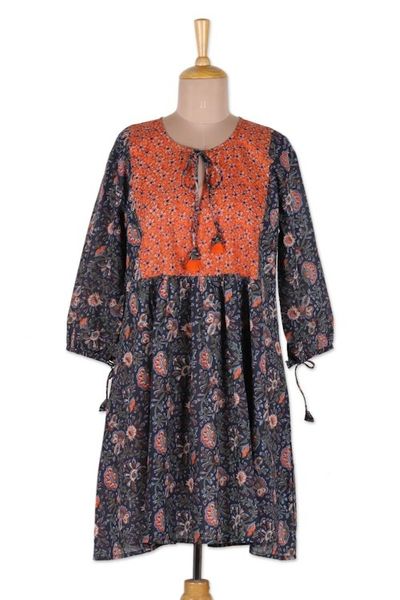 Alternate image for Screen Printed Floral Cotton Babydoll Short Dress from India Floral Surprise