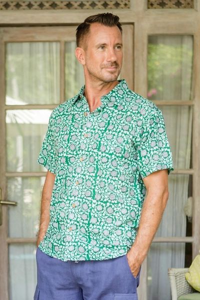 Alternate image for Mens Button-Up Cotton Shirt from India Aqua Lotus