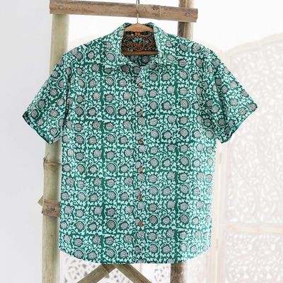 Alternate image for Mens Button-Up Cotton Shirt from India Aqua Lotus