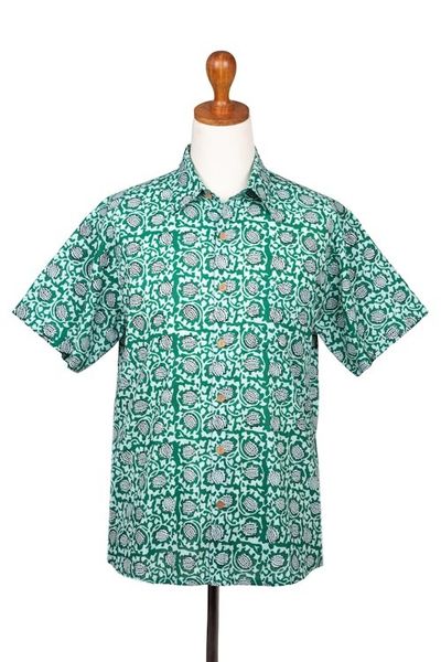 Alternate image for Mens Button-Up Cotton Shirt from India Aqua Lotus